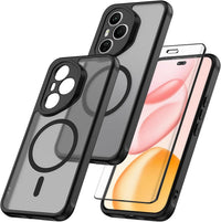 WQRTYJK Magnetic for Honor 400 Pro Case with Tempered Glass Screen Protector Matte Translucent Shockproof Protective Bumper Phone Cover (Black)