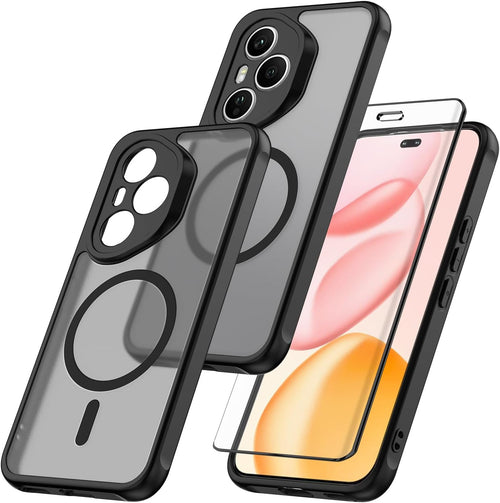 WQRTYJK Magnetic for Honor 400 Pro Case with Tempered Glass Screen Protector Matte Translucent Shockproof Protective Bumper Phone Cover (Black)