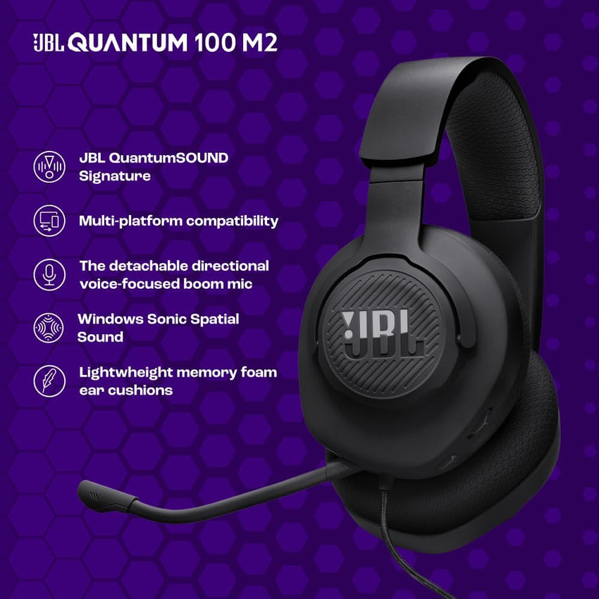 JBL Quantum 100M2 Wired Over-Ear Gaming Headset with JBL QuantumSOUND Signature and 3.5 mm Headphone Jack, Multi-Platform Compatibility, Detachable Mic, Mute Option, Black