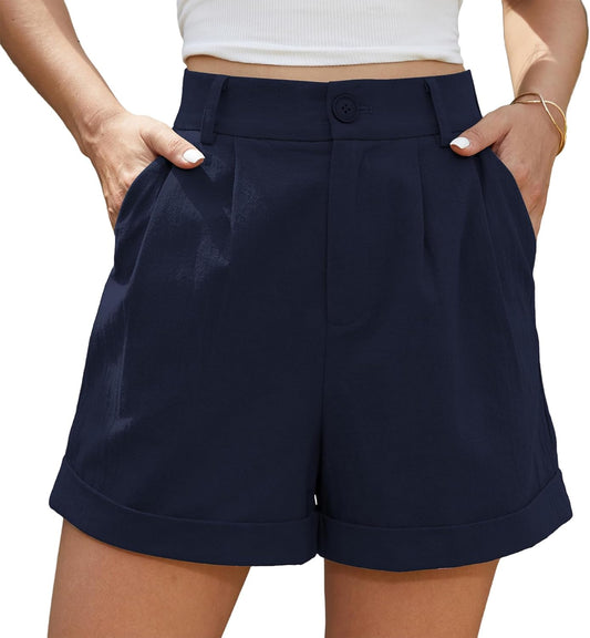 Women's Linen Shorts High Waist Roll Up Pleated Zippered Wide Leg Shorts with Pockets Ã¢ÂÂ Navy Blue XXL