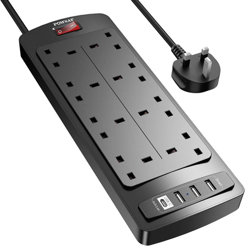 POWSAF Extension Lead with 4 USB Slots (3.4A, 1 Type C and 3 USB-A Ports),Power Strip Surge Protector with 8 way plug extension Socket and 2M Extension cord for Home Office Travel,Black
