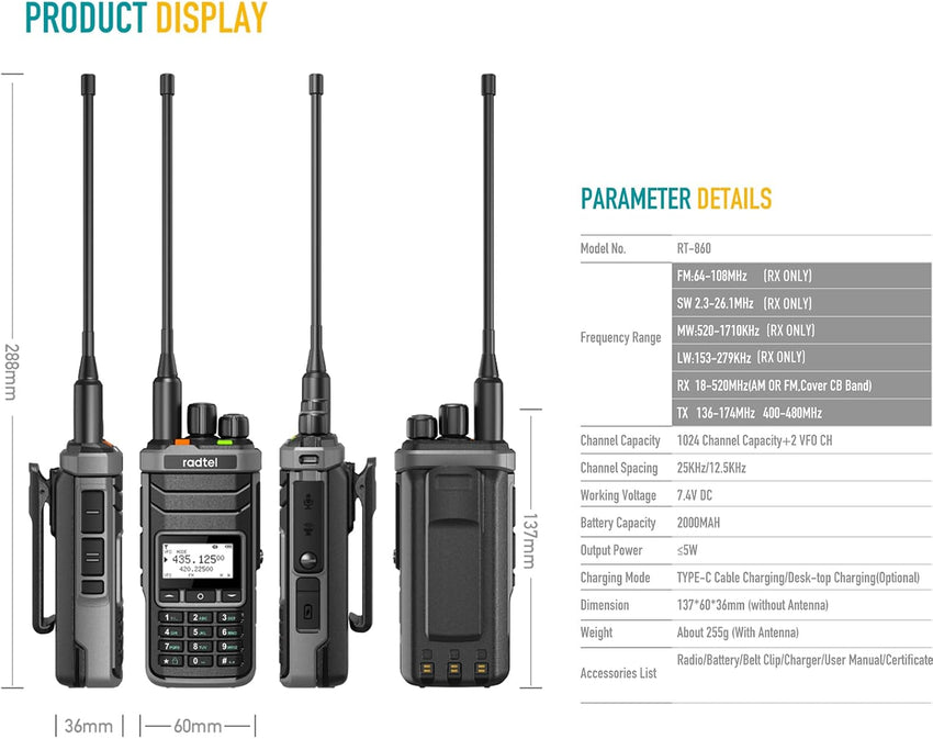 Radtel RT-860 Multi Band Ham Radio HF UHF VHF Dual Band with AM USB LSB CW CB LW MW SW SSB Reception, 1024 Channels, 2000mAh Battery, Type-C Charging