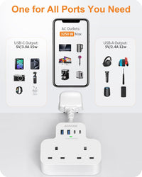 Multi Plug Extension Socket with 4 USB Ports, ANVODE 2 Way Plug Adaptor with Flexible Cable, Short Extension Lead Double Adapter Plug UK for Bedroom, Office, Kitchen. White