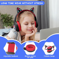 AXFEE Bluetooth Kids Headphones, LED Light Up Cat Ear Wired/Wireless Headphone, HD Stereo Sound, 10H Playtime, Foldable Children Headphone for PC Phone Ipad Study Travel School, 105dB Volume Limited