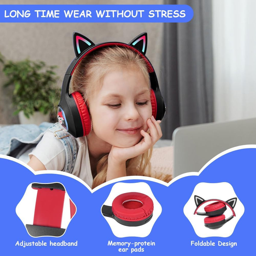 AXFEE Bluetooth Kids Headphones, LED Light Up Cat Ear Wired/Wireless Headphone, HD Stereo Sound, 10H Playtime, Foldable Children Headphone for PC Phone Ipad Study Travel School, 105dB Volume Limited