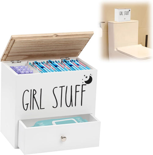 Tampon & Sanitary Pad Storage Box Wooden Organizer with Drawer & Lid â White