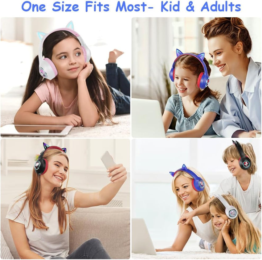 AXFEE Bluetooth Kids Headphones, LED Light Up Cat Ear Wired/Wireless Headphone, HD Stereo Sound, 10H Playtime, Foldable Children Headphone for PC Phone Ipad Study Travel School, 105dB Volume Limited