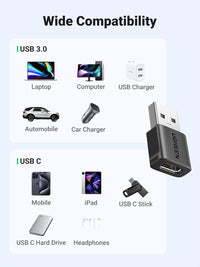 UGREEN USB to USB C Adapter, Car Fast Charging Adaptor, 3 Pack 10Gbps Data Transfer Type C Female to USB 3.0 Male Converter Compatible with iPhone 16/15, iPad Air/Mini, Apple Watch, Samsung Galaxy S24