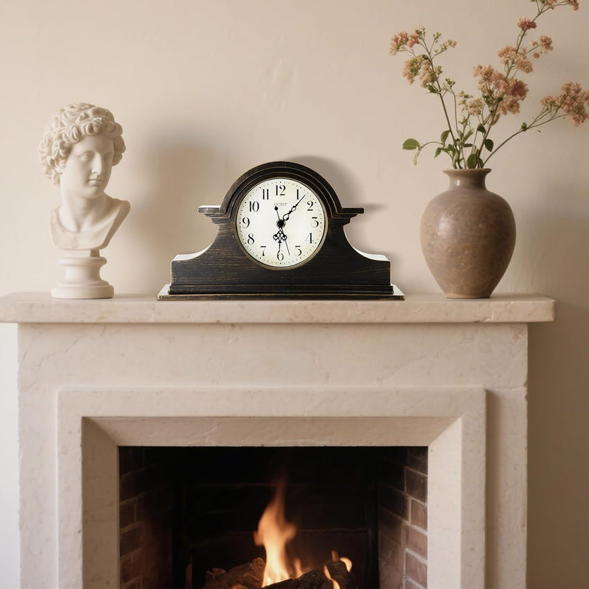 Vintage Farmhouse Mantel Clock Quartz Battery Operated â Walnut Brown 13x7 Inch