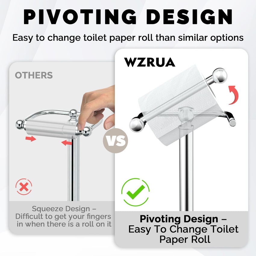WZRUA Toilet Roll Holder Free Standing, Chrome SUS304 Stainless Steel Toilet Roll Holder Stand, Double Pivoting Post Freestanding Toilet Roll Holder Rust-Proof