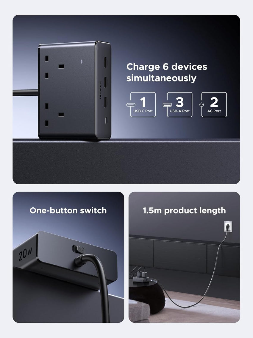 UGREEN Extension Lead with 4 USB Slots, 2 Way 2990W Max Multiple Plug with 1.5m Extension Cable, Compatible with iPhone 17/16/15/14, iPad Pro/Mini, Suitable for Home/Office, Black