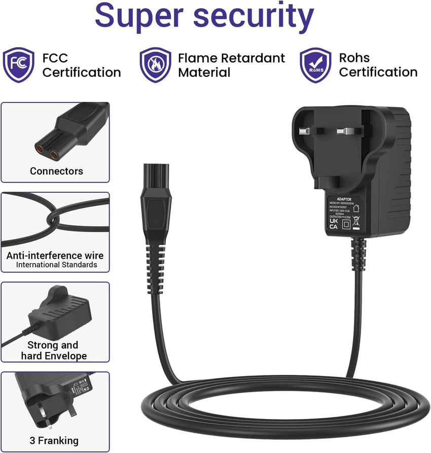 15V charger Compatible with Philips Shaver HQ8505 | UK power cord, compatible with 3000 5000 7000 9000 series, S5465 MG7750 MG7790 BT5502 electric shaver power cord