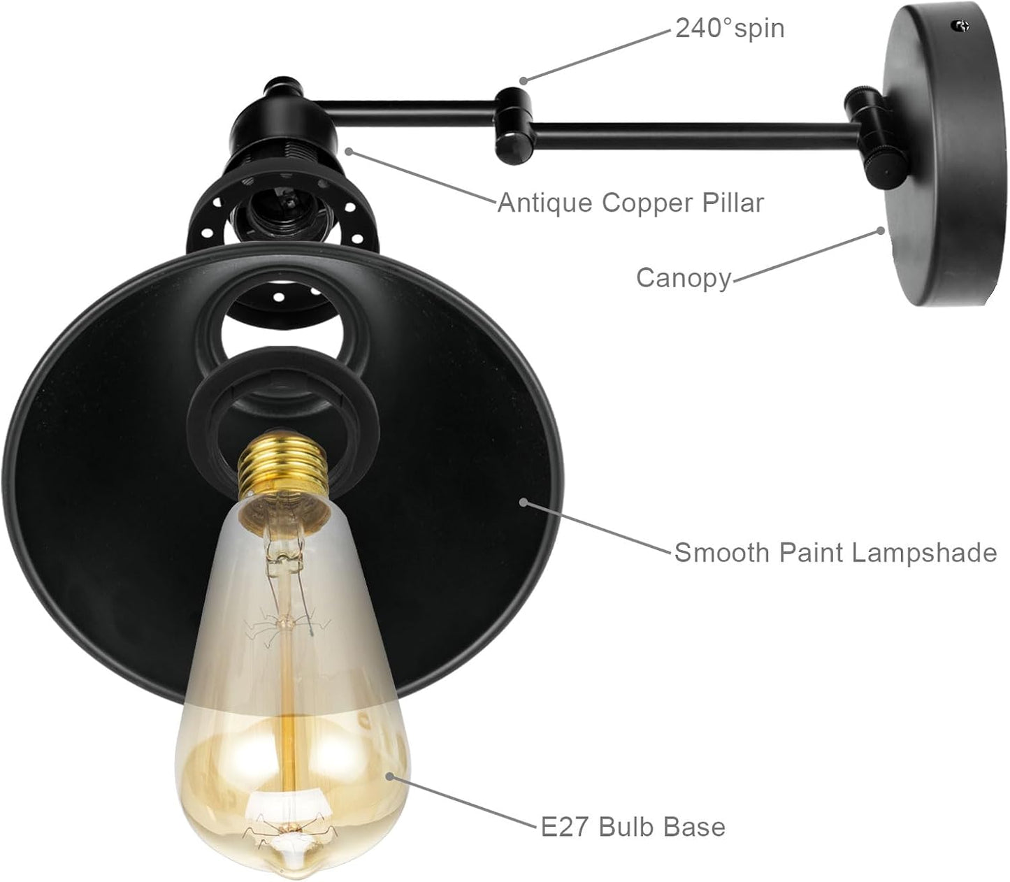 IC INSTANT COACH Industrial Wall Sconce Swing Arm Wall Lights, Black, Adjustable Wall Light, Wall Mounted Lamp Wall Sconce, 1 Light