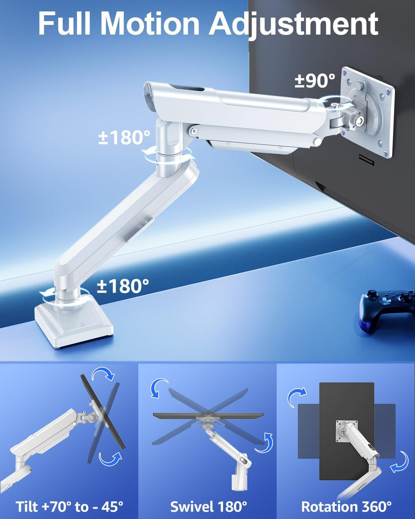Single Arm Monitor Gas Spring Desk Mount 13â32" Tool-Free Height Adjustable VESA 75/100 C-clamp & Grommet â White