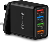Multi USB Plug Charger UK, 4-Port USB Wall Charger Plug, Charging Power Adapter with Smart Device-Adaptive Charging Technology for All Smartphone (Black)