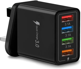 Multi USB Plug Charger UK, 4-Port USB Wall Charger Plug, Charging Power Adapter with Smart Device-Adaptive Charging Technology for All Smartphone (Black)