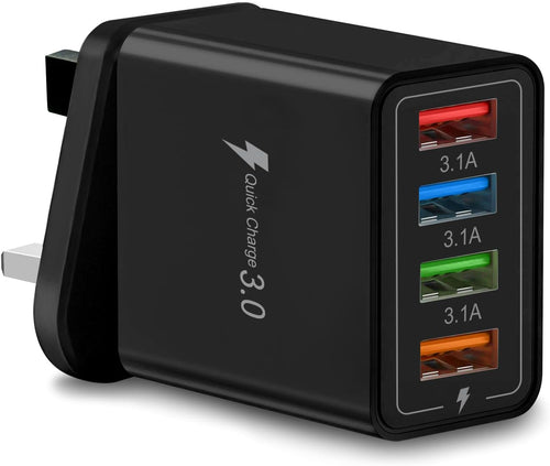 Multi USB Plug Charger UK, 4-Port USB Wall Charger Plug, Charging Power Adapter with Smart Device-Adaptive Charging Technology for All Smartphone (Black)