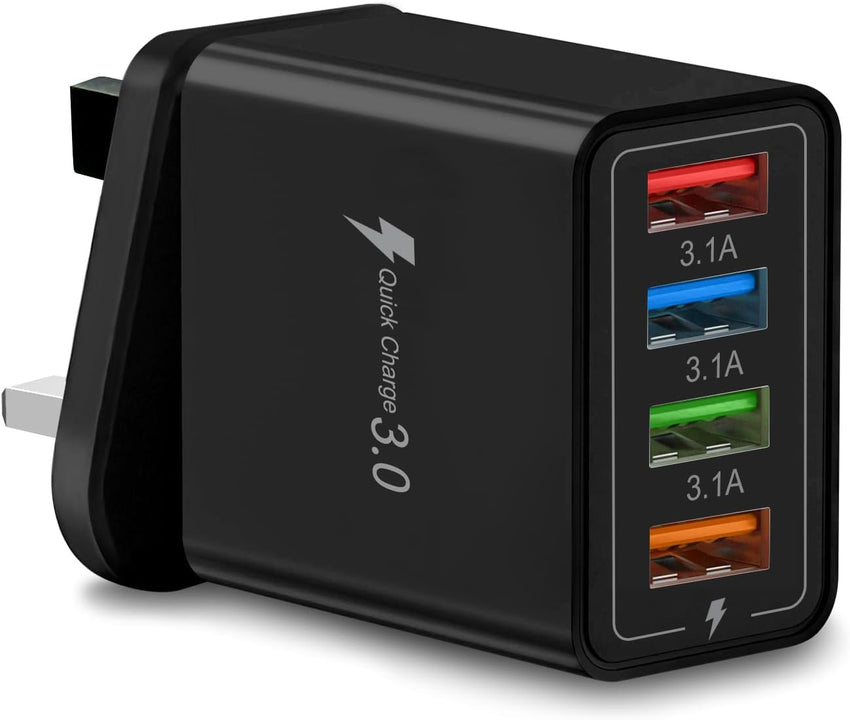 Multi USB Plug Charger UK, 4-Port USB Wall Charger Plug, Charging Power Adapter with Smart Device-Adaptive Charging Technology for All Smartphone (Black)