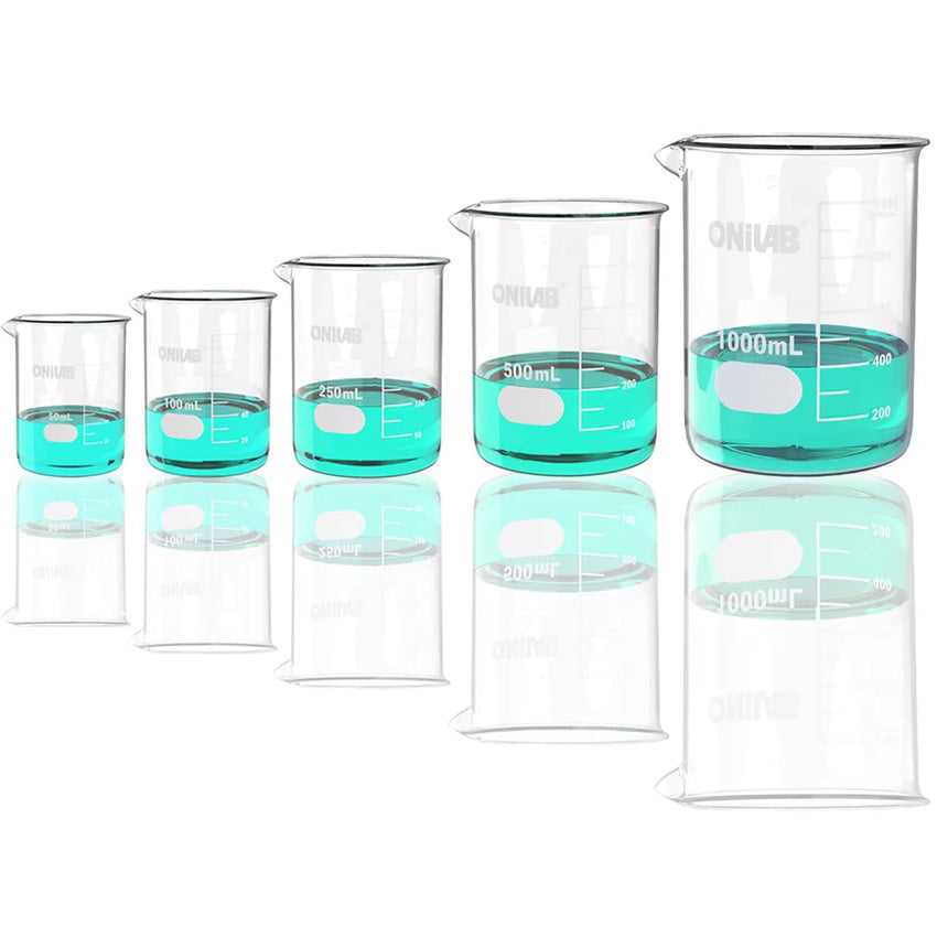 Glass Measuring Beaker Set 4 Pieces 50ml to 1000ml Low Form 3.3 Boro Griffin