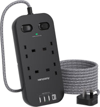 4 Way Surge Protected Extension Lead with USB Slots, HANYCONY Extension Cable with Double Switches, Plug Extension Socket 1.8M Braided Extension Cord for Home Office Accessories, Gray