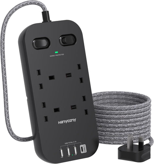 4 Way Surge Protected Extension Lead with USB Slots, HANYCONY Extension Cable with Double Switches, Plug Extension Socket 1.8M Braided Extension Cord for Home Office Accessories, Gray
