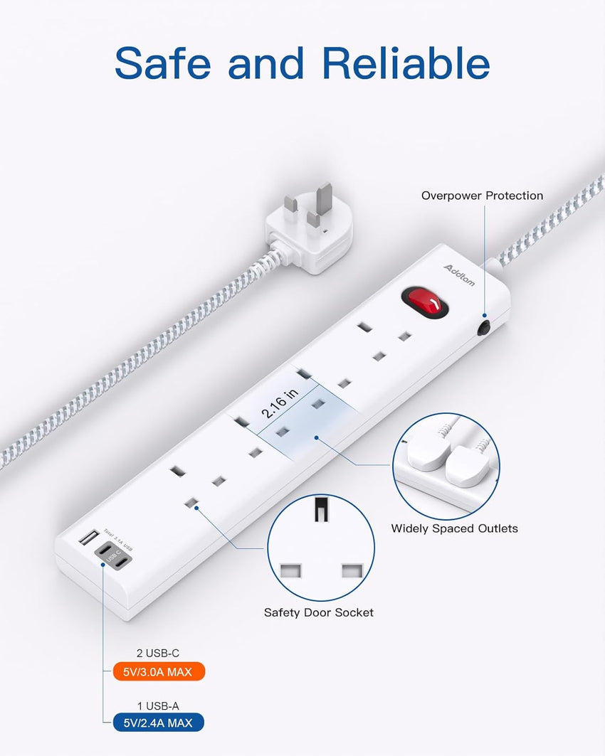 Extension Lead with 3 USB Slots(2 USB C), 4 Way Plug Extension Socket, 1.8M Wall Mount Socket Extension Cable, Multiplug Power Strip for Home, Office, School Supplies