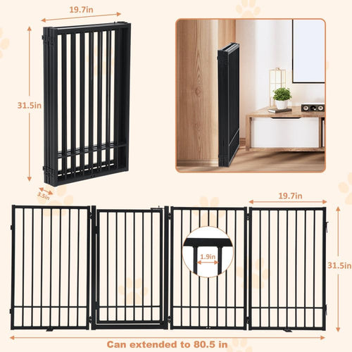 SMONTER Free Standing Dog Gate with Door Walk Through, 306cm Extra Wide Indoor Dog Fence, 80cm Height 6 Panels Foldable Metal Pet Puppy Gate for Stairs, Hallways, Doorway