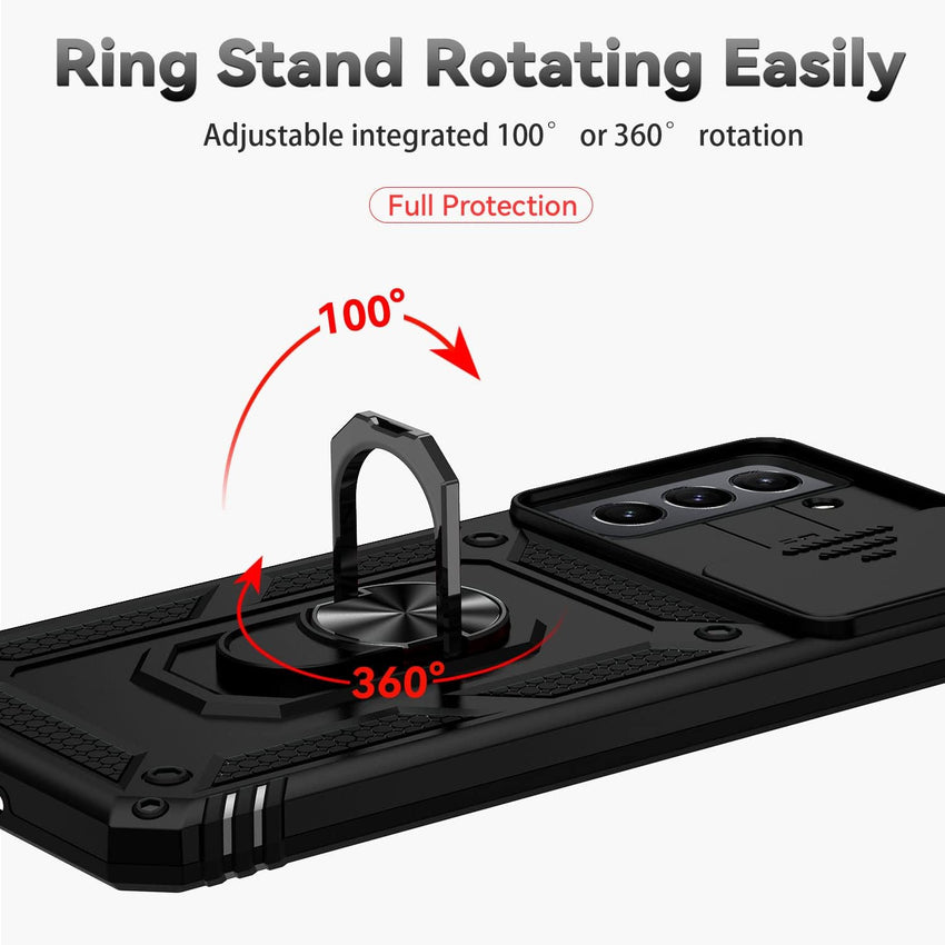 for Samsung Galaxy S21 Plus Case with Camera Lens Cover HD Screen Protector, Military-Grade Drop Tested Magnetic Ring Holder Kickstand Protective Phone Case for Samsung Galaxy S21+ Plus 5G (Black)