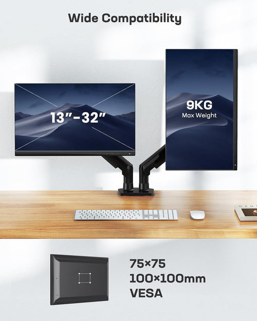 HUANUO Dual Monitor Stand for 13 to 30 Inch Screens, Dual Monitor Arm Desk Mount for Curved Flat Screens, Double Monitor Arm Support VESA 75/100 mm