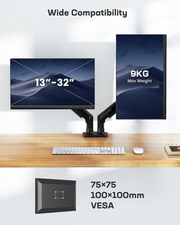 HUANUO Dual Monitor Stand for 13 to 30 Inch Screens, Dual Monitor Arm Desk Mount for Curved Flat Screens, Double Monitor Arm Support VESA 75/100 mm