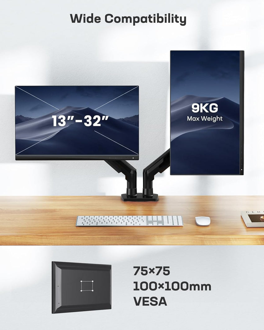 HUANUO Dual Monitor Stand for 13 to 30 Inch Screens, Dual Monitor Arm Desk Mount for Curved Flat Screens, Double Monitor Arm Support VESA 75/100 mm