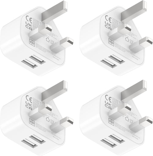 USB Plug UK Charger Adaptor - 2.1A 5V Dual Port Plug for iphone 16 15 14 13 12 11 XS Max XR X 8 7 6 6S Plus SE Galaxy Cell Phone 4 Pack 3pin Wall Power Adapter Mains Double Charging Socket