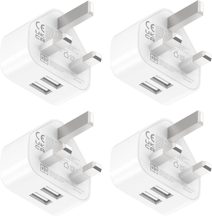 USB Plug UK Charger Adaptor - 2.1A 5V Dual Port Plug for iphone 16 15 14 13 12 11 XS Max XR X 8 7 6 6S Plus SE Galaxy Cell Phone 4 Pack 3pin Wall Power Adapter Mains Double Charging Socket