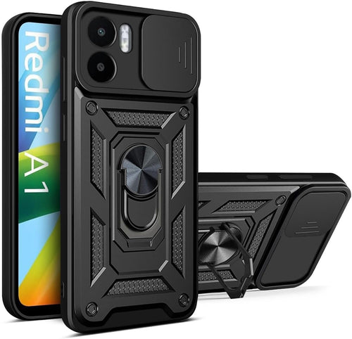 UPLAI Armor Case for Xiaomi Redmi A1/Xiaomi Redmi A2, Ultra Thin Shockproof Silicone Cover with Slide Camera Cover and Magnetic Ring Kickstand, PC + TPU Durable Cover.Black