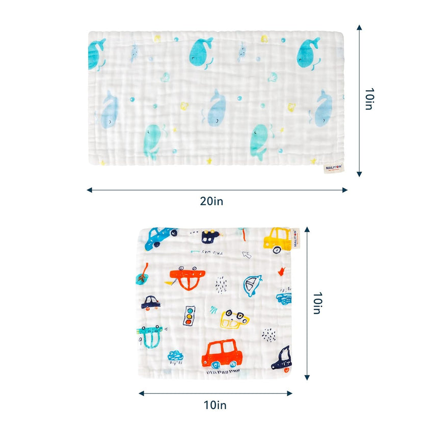 Maliton Muslin Cloths for Baby, 6 Pack Burp Cloths for Baby,100% Cotton 6 Layers Absorbent& Soft& Breathable Baby Muslins Pack,50x25CM Muslin Squares Baby Essentials for Newborn(Animals& Cars, 6 Pack)