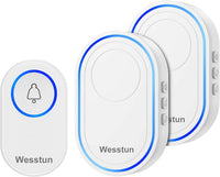 Wireless Doorbell 2 Receivers, IP67 Waterproof Door Chime Kit Operating at The Range of 300m, 2 Plug-in Door Bell Receivers with 39 Ringtones, LED Light & 5-Level Volume Control, White