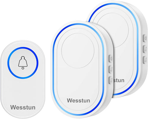 Wireless Doorbell 2 Receivers, IP67 Waterproof Door Chime Kit Operating at The Range of 300m, 2 Plug-in Door Bell Receivers with 39 Ringtones, LED Light & 5-Level Volume Control, White