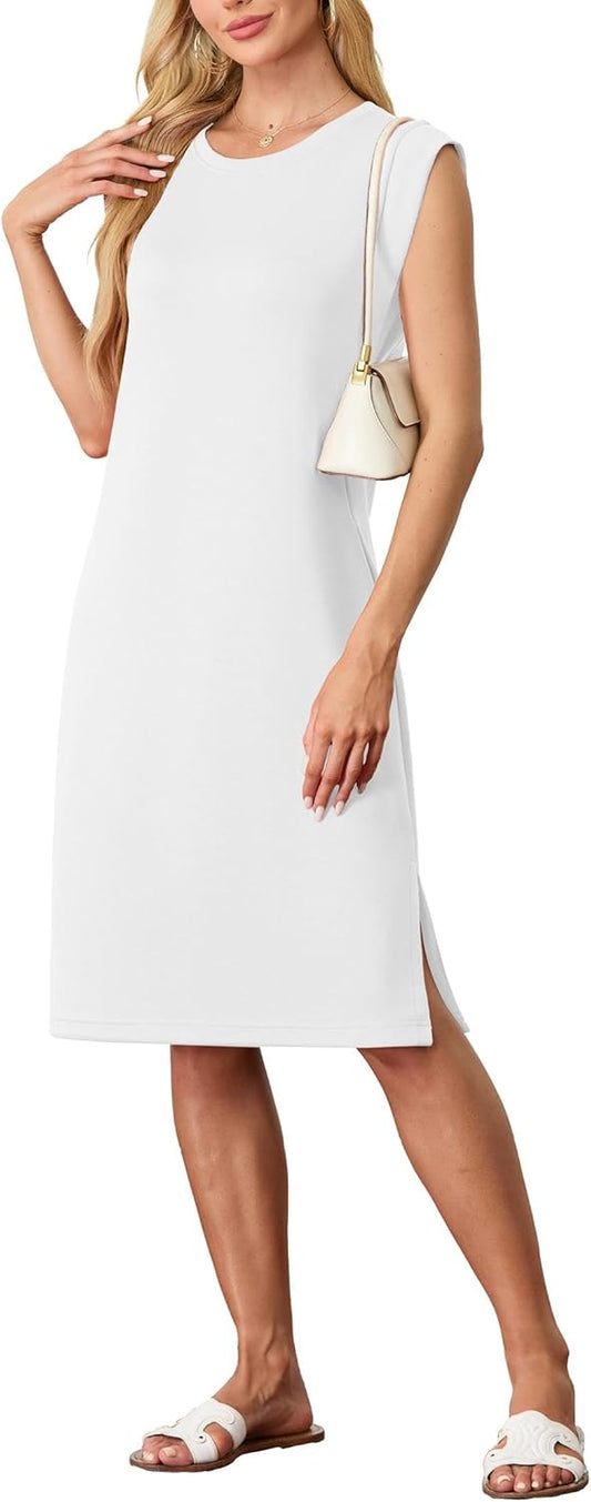 Womens Summer Midi Dress Casual Crew Neck Sleeveless with Pockets Ã¢ÂÂ White L