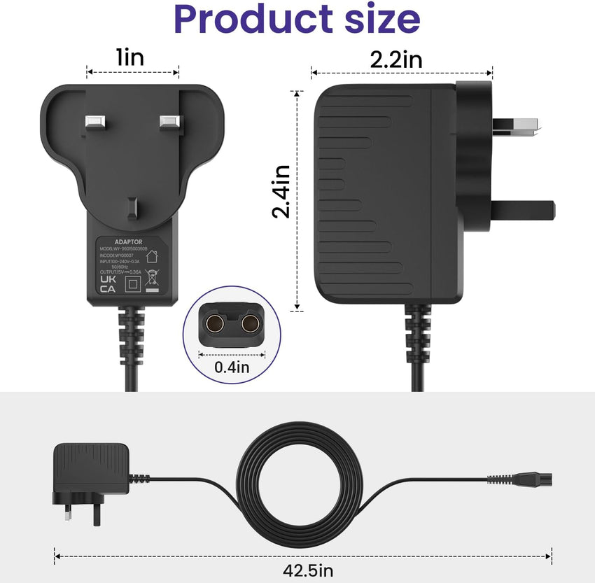 15V charger Compatible with Philips Shaver HQ8505 | UK power cord, compatible with 3000 5000 7000 9000 series, S5465 MG7750 MG7790 BT5502 electric shaver power cord