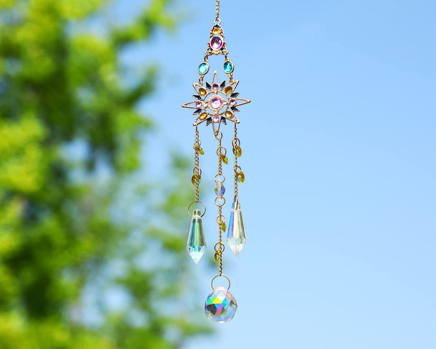 Hanging Sun Catchers with Crystals, Glass Icicle Prisms Rhinestones Suncatcher, Rainbow Maker Pendant Indoor Window Home Car Decor Gift