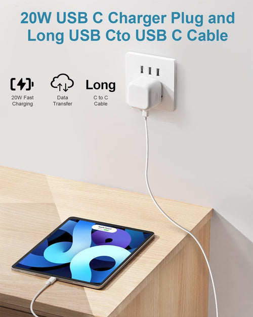 USB C Charger for 15/15 Pro Max/Plus, 20W Fast Charging USB C Charger Block Wall Plug Power Adapter with Long USB C Cable for Phone 15 Pro Max Plus Pad Pro 12.9/11 inch Google Pixel 8/7/6