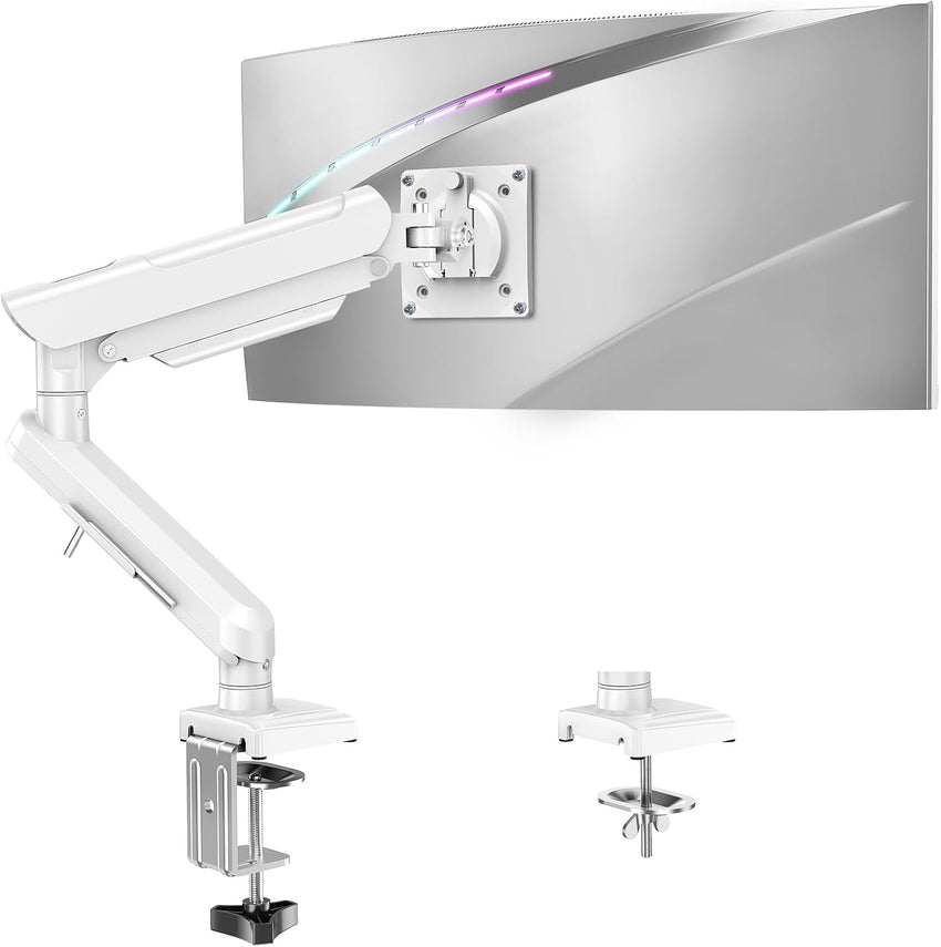 Single Arm Monitor Gas Spring Desk Mount 13â32" Tool-Free Height Adjustable VESA 75/100 C-clamp & Grommet â White