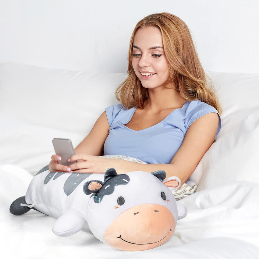 Mewaii 25in Long Cow Plush Pillows Stuffed Animals Squishy Pillows - Plushie Lying Cow Sleeping Hugging Plush Pillow Soft Toys for Kids