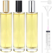 Omsscun 3Pcs Glass Perfume Spray Bottle 100ml, Empty Glass Perfume Atomiser, Small Clear Portable Perfume Refill Bottles for Travel, Holiday, Gifts (Gold, Silver and Black Caps)
