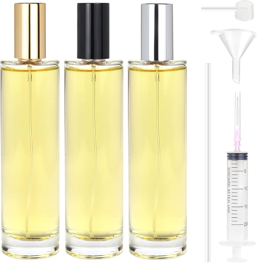 Omsscun 3Pcs Glass Perfume Spray Bottle 100ml, Empty Glass Perfume Atomiser, Small Clear Portable Perfume Refill Bottles for Travel, Holiday, Gifts (Gold, Silver and Black Caps)