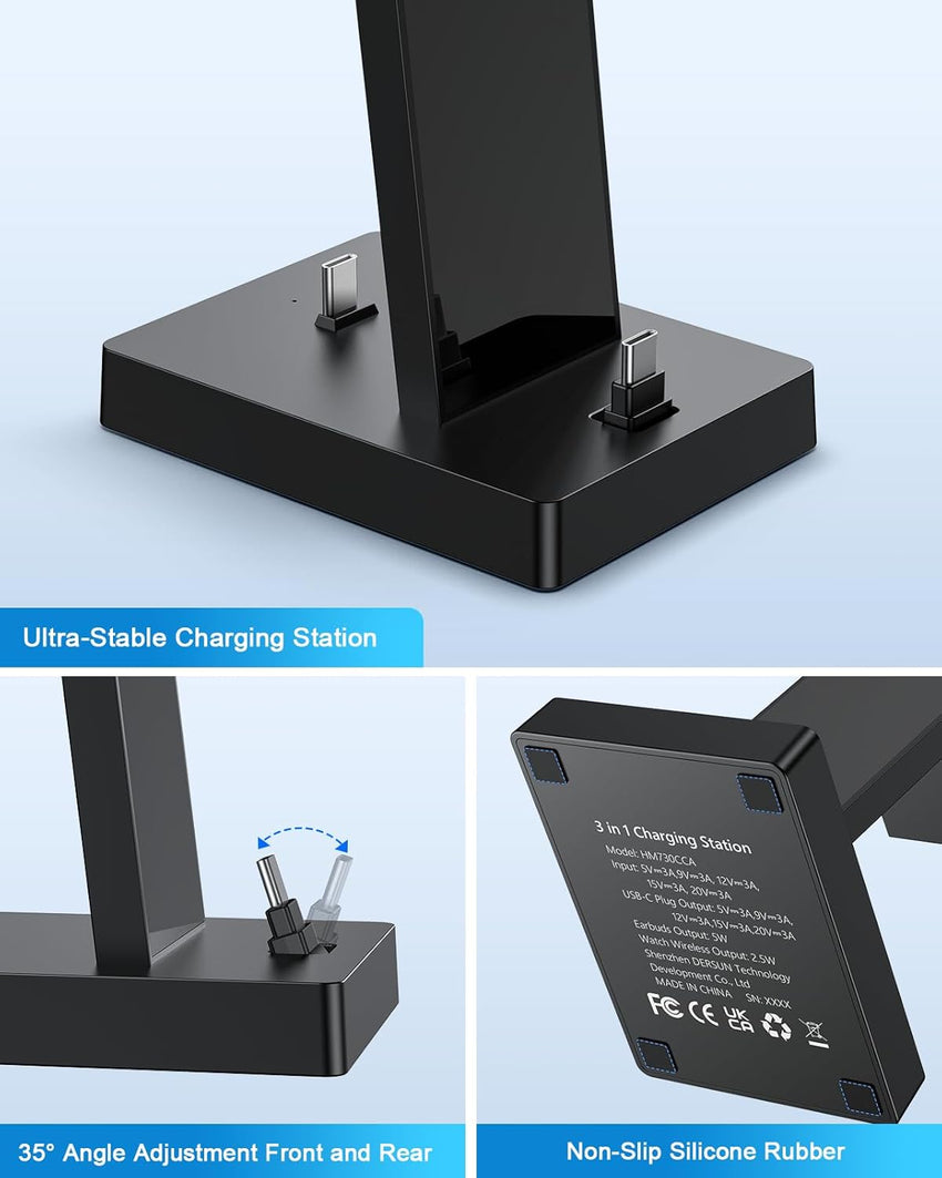 3 in 1 Charging Station - ADADPU iphone and iWatch Charger Stand with 30W USB C Charger Plug, Apple Charging Dock for iphone 16 15 Series, iWatch, Earbuds with USB C Port, Not for Samsung Watch