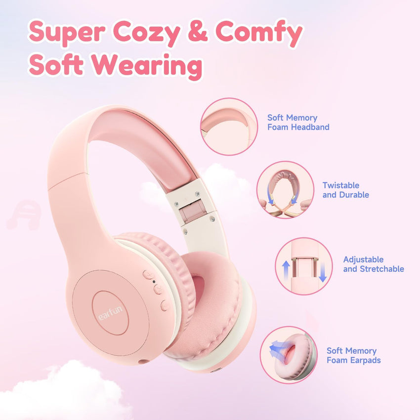 EarFun K2 Kids Bluetooth Headphones for School, Kids Headphones with Mic | Volume Limited, 40H Playtime, Built-in Mic, Stereo Sound, Foldable Over-Ear Headphone for Kids/Toddler/Travel/Tablet, Pink