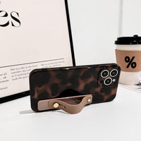 NITITOP Compatible with iPhone 15 Pro Case Cute Leopard Print Brown Amber Tortoise Design for Women Girls Men with Wrist Adjustable Hand Strap Kickstand Aesthetic Protective Cover - Brown