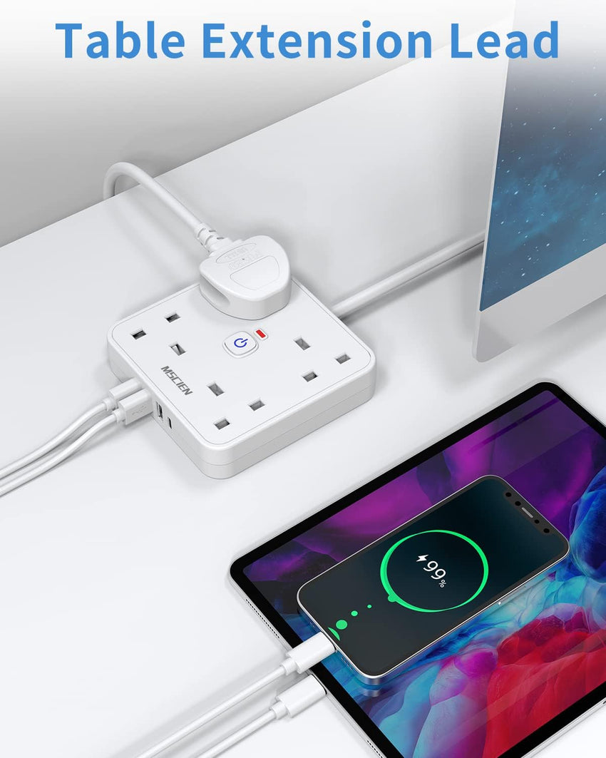 4M 4 Way Extension lead with USB Slots (3 USB-A, 1 USB-C), Mscien Extension Lead with Switches, White Wall Mountable Plug Extension Cord, Dorm, Home, Office
