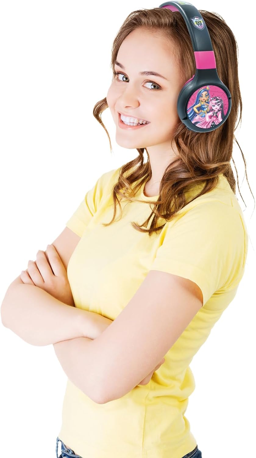 LEXIBOOK, Monster High, 2-in-1 Bluetooth & Wired Headphones with microphone and control buttons, Foldable and Adjustable, Long-lasting rechargeable battery, Pink/black, HPBT010MH